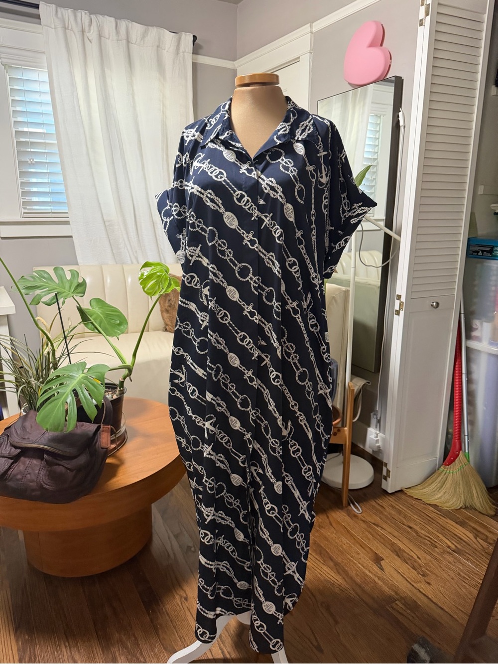 Ralph Lauren Navy Chain-Print Midi Shirt Dress with Brown Belt - Picture 9 of 13